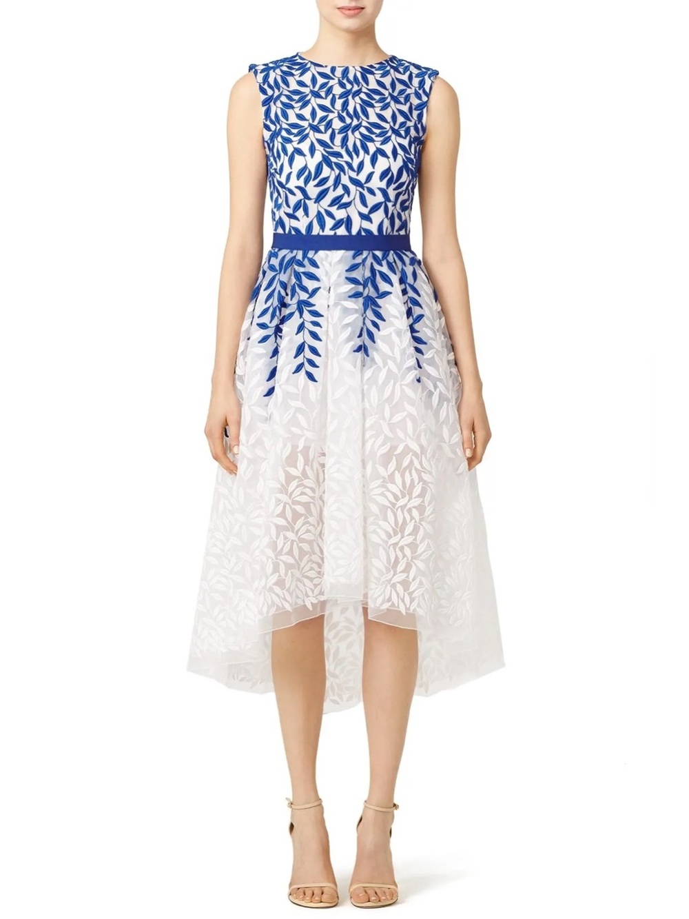 Christian Pellizzari Blue & White Leaf Embroidered High-Low Dress